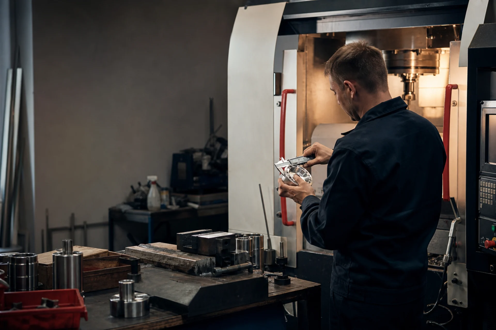 Kontrola metalowego detalu przy centrum obróbczym CNC